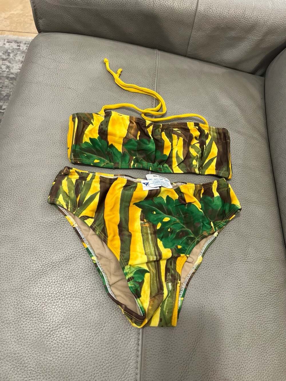 Y2K Brazilian Fluidos Tropical Bamboo Monstera Print Bandeau Bikini Set Size M
